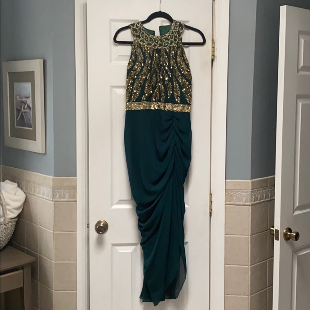Green & Gold Hand-Beaded Feather Dress
